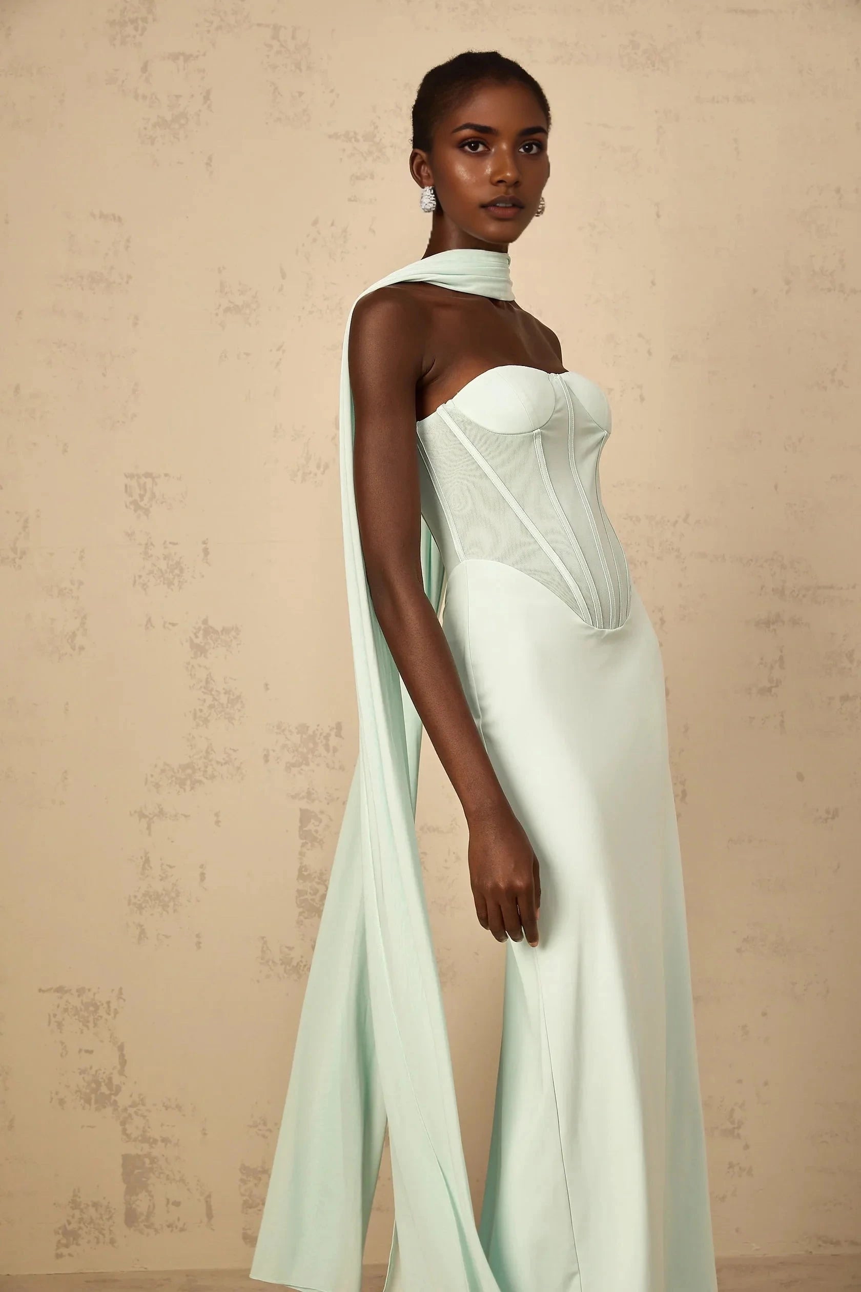 Mint Green Strapless Corset Maxi Dress with Draped Scarf Tulle Panel Corset Maxi Dress in Mint Green Evening Dress by YiHuiw