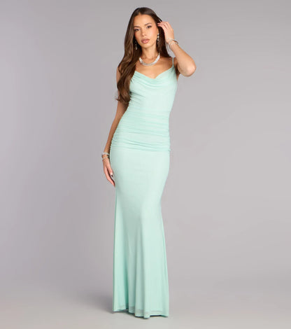 Mint Mermaid Spaghetti Strap Mesh Open Back Ruched Floor-Length Wedding Dress - Yihuiw by Yihuiw