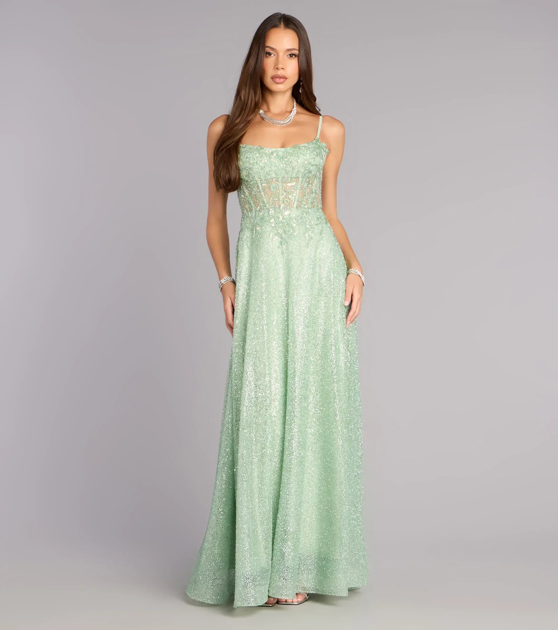 Mint A-Line Spaghetti Strap Lace Lace-Up Back Floor-Length Wedding Dress - Yihuiw by Yihuiw
