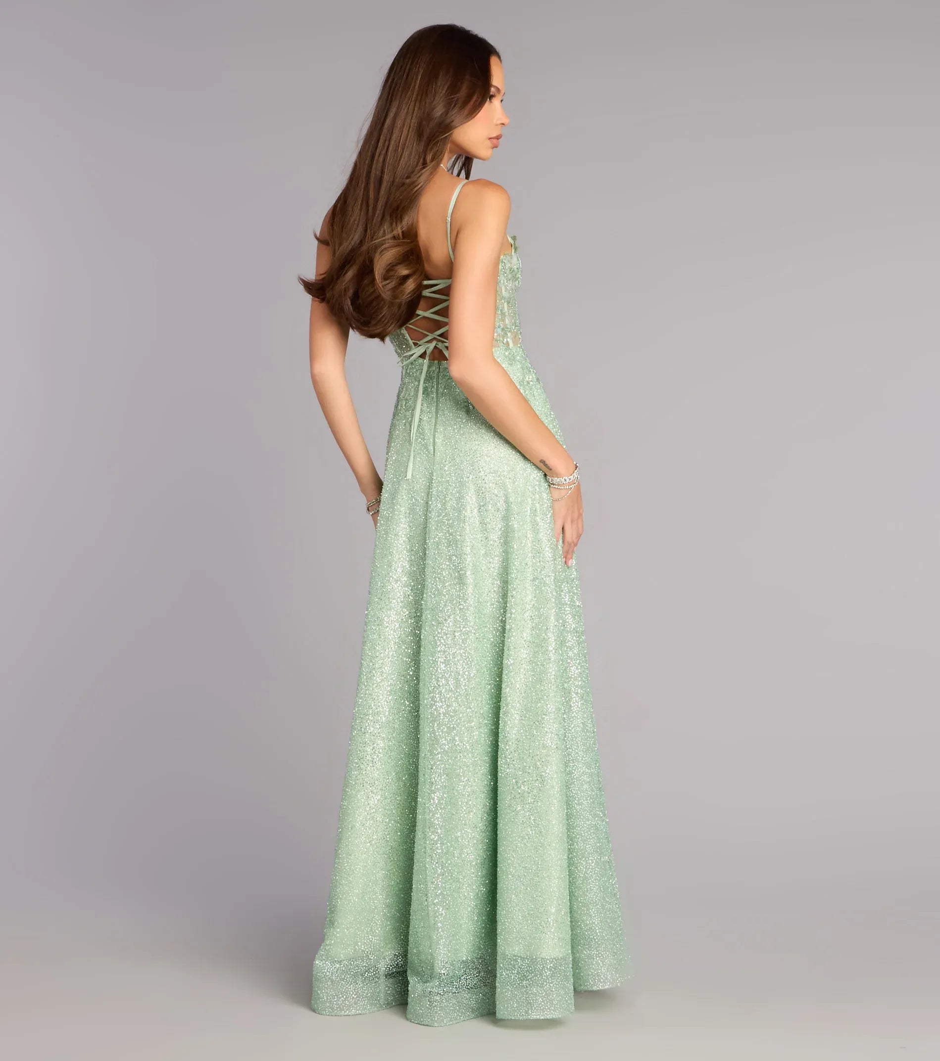 Mint A-Line Spaghetti Strap Lace Lace-Up Back Floor-Length Wedding Dress - Yihuiw by Yihuiw