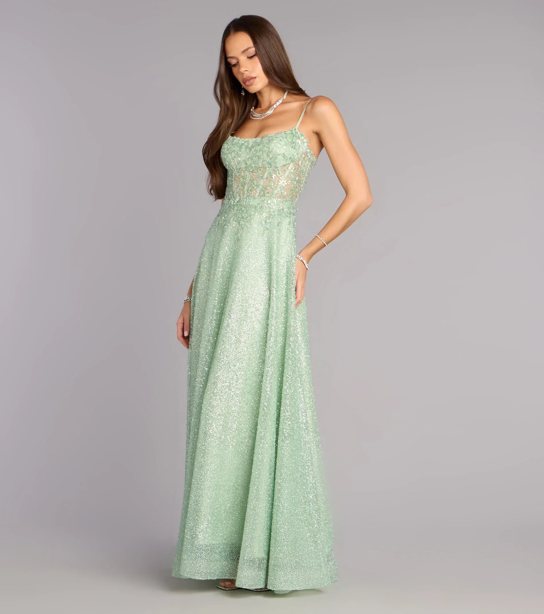 Mint A-Line Spaghetti Strap Lace Lace-Up Back Floor-Length Wedding Dress - Yihuiw by Yihuiw