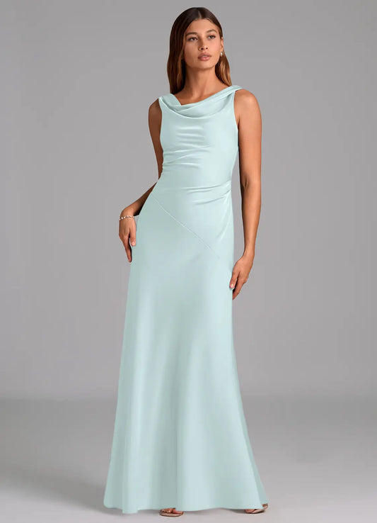 Mint Mermaid Cowl Neck Satin Ruched Floor-Length Wedding Dress - Yihuiw by Yihuiw