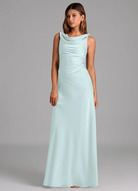 Mint Mermaid Cowl Neck Satin Ruched Floor-Length Wedding Dress - Yihuiw by Yihuiw