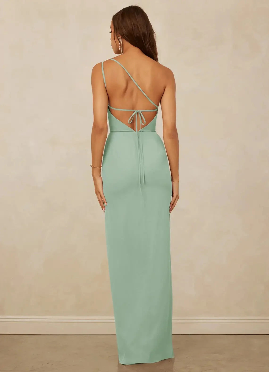 Mint Green One-Shoulder Open Back Evening Gown with Side Slit Agave Sheath One Chiffon Bridesmaid Dresses by YiHuiw