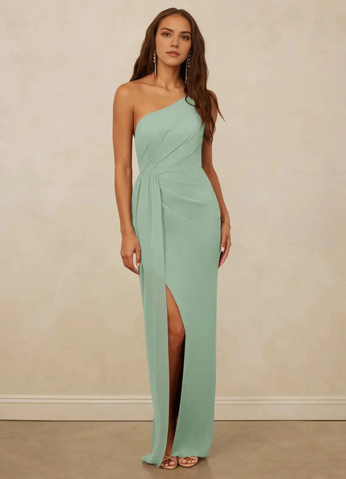 Mint Green One-Shoulder Open Back Evening Gown with Side Slit Agave Sheath One Chiffon Bridesmaid Dresses by YiHuiw