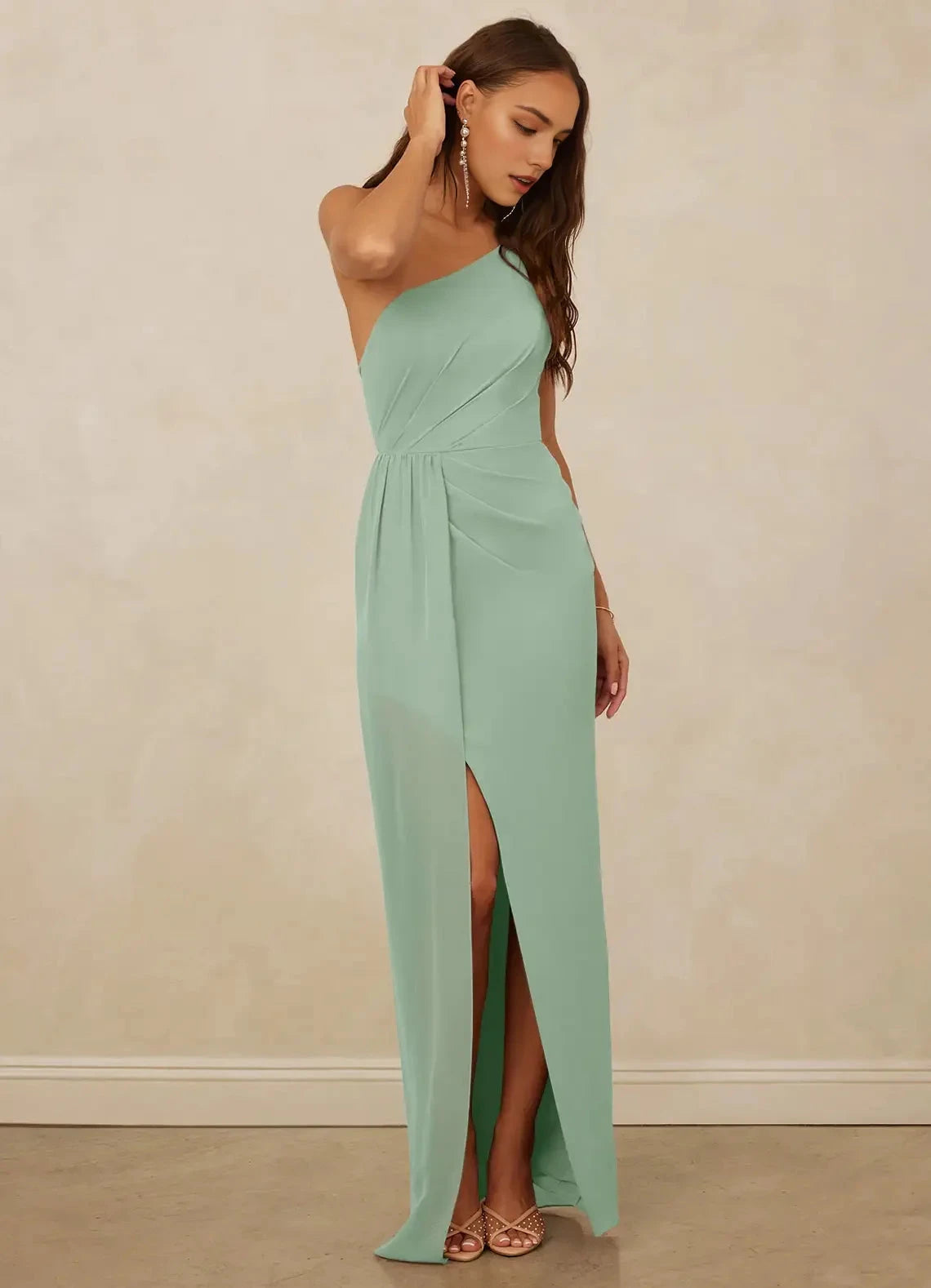 Mint Green One-Shoulder Open Back Evening Gown with Side Slit Agave Sheath One Chiffon Bridesmaid Dresses by YiHuiw