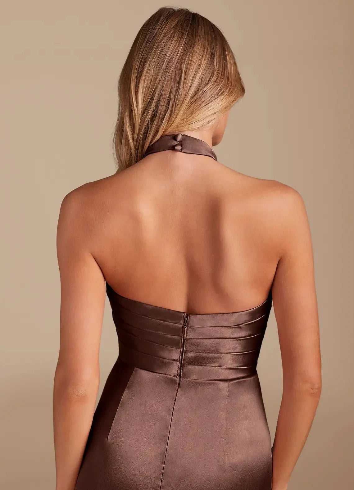 Mocha Satin Halter Neck Maxi Dress with Side Slit Espresso Sheath Pleated Metallic Satin Dress Bridesmaid Dresses by YiHuiw