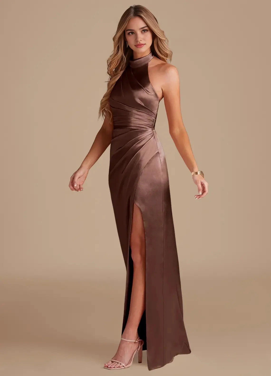 Mocha Satin Halter Neck Maxi Dress with Side Slit Espresso Sheath Pleated Metallic Satin Dress Bridesmaid Dresses by YiHuiw