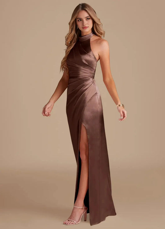 Mocha Satin Halter Neck Maxi Dress with Side Slit Espresso Sheath Pleated Metallic Satin Dress Bridesmaid Dresses by YiHuiw