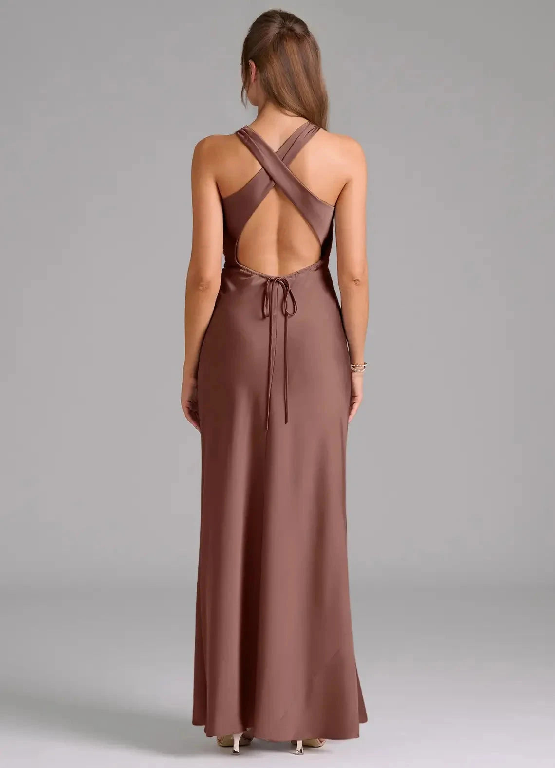 Mocha Satin High Neck Maxi Dress with Side Ruched Detail Espresso A-Line Pleated Stretch Satin Dres Bridesmaid Dresses by YiHuiw