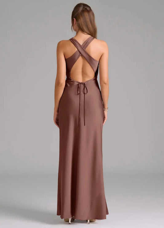Mocha Satin High Neck Maxi Dress with Side Ruched Detail Espresso A-Line Pleated Stretch Satin Dres Bridesmaid Dresses by YiHuiw