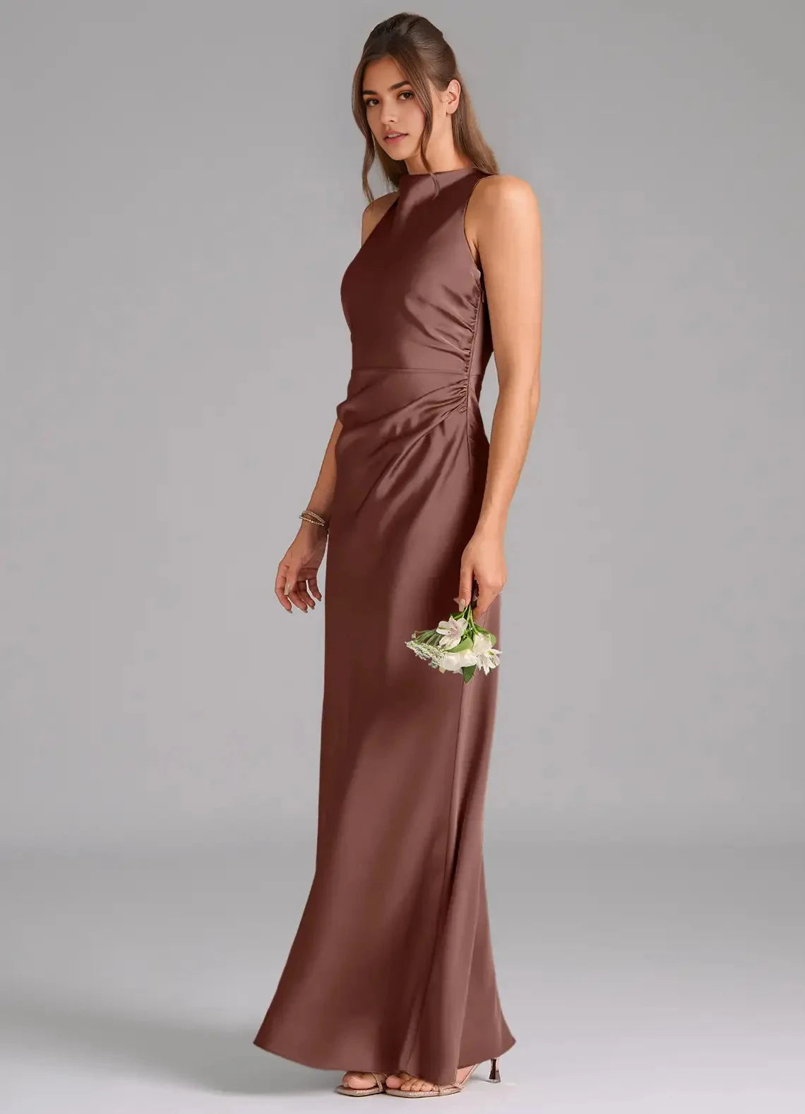 Mocha Satin High Neck Maxi Dress with Side Ruched Detail Espresso A-Line Pleated Stretch Satin Dres Bridesmaid Dresses by YiHuiw