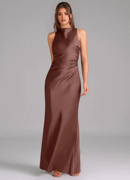 Mocha Satin High Neck Maxi Dress with Side Ruched Detail Espresso A-Line Pleated Stretch Satin Dres Bridesmaid Dresses by YiHuiw
