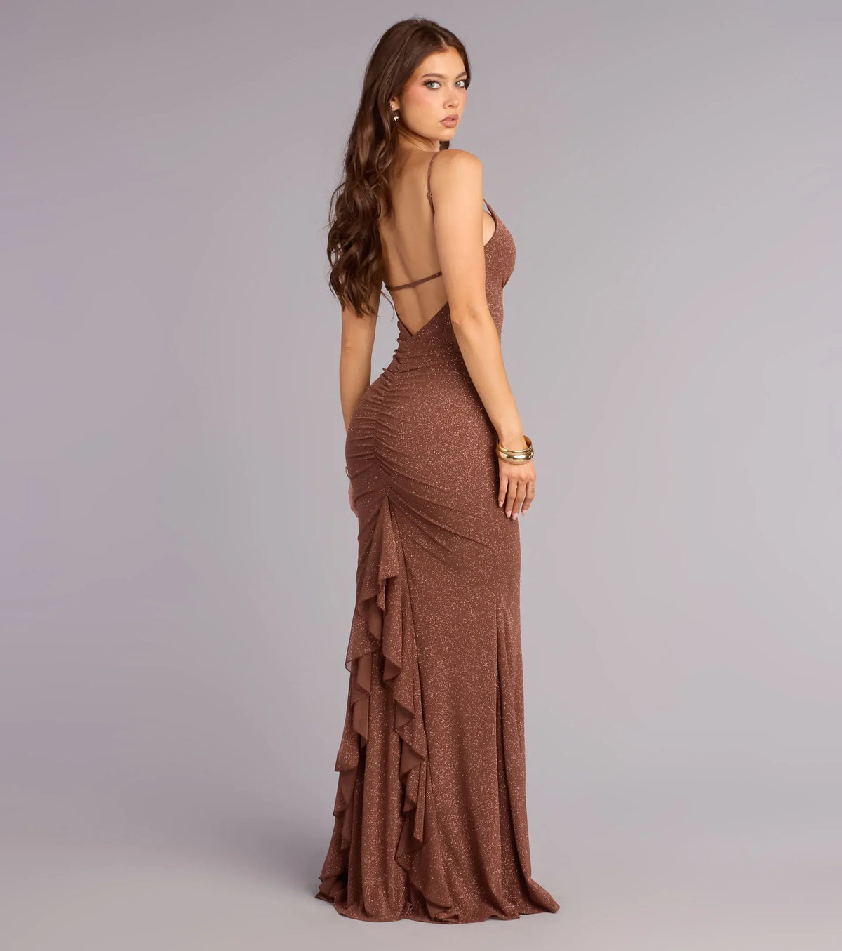 Mocha Mermaid Spaghetti Strap Open Back Ruffled Floor-Length Wedding Dress - Yihuiw by Yihuiw
