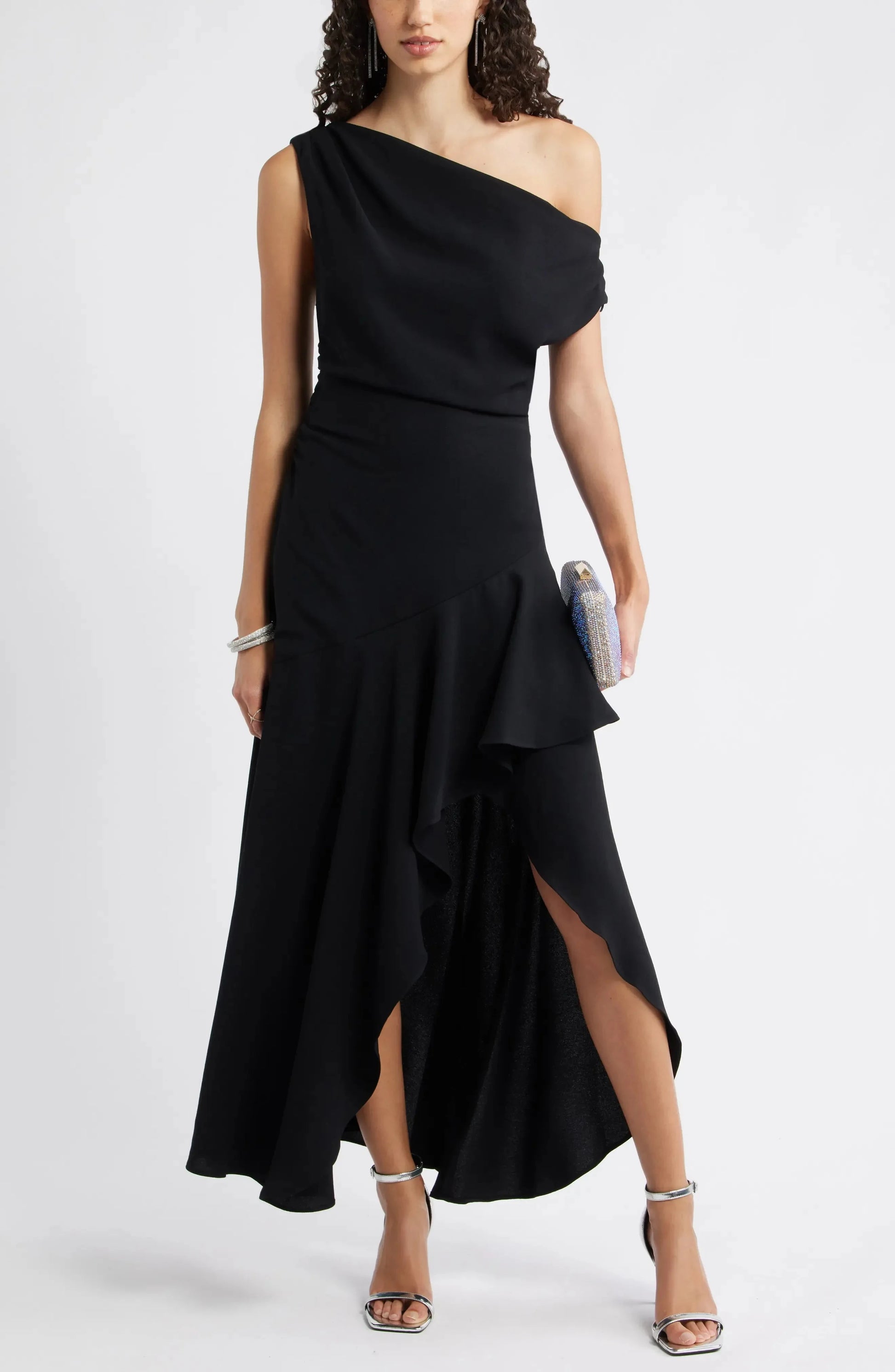 Modern Asymmetric One Shoulder Ruffled Hem High Low Evening Dress by YiHuiw
