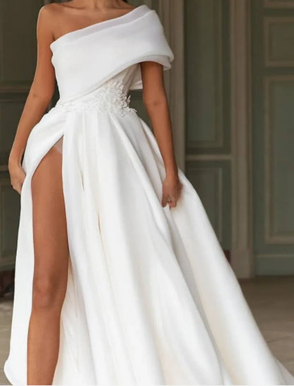 A-Line One-Shoulder Organza High Slit Wedding Dress - Yihuiw by Yihuiw