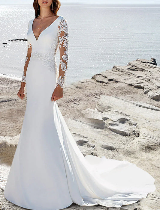 Mermaid Illusion Chiffon Long Sleeve Train Wedding Dress - Yihuiw by Yihuiw