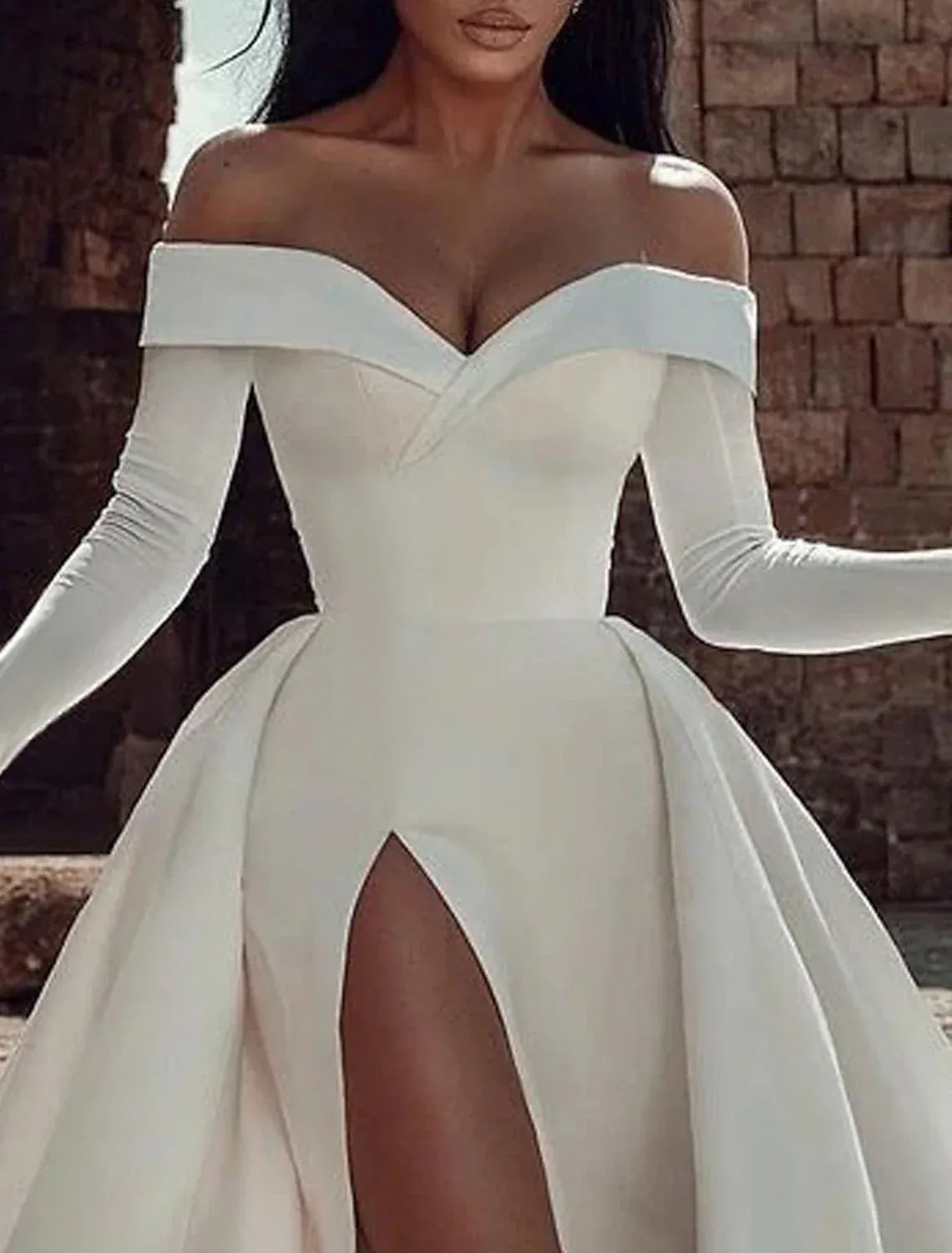 Mermaid Off-Shoulder Satin Long Sleeve High Slit Wedding Dress - Yihuiw by Yihuiw