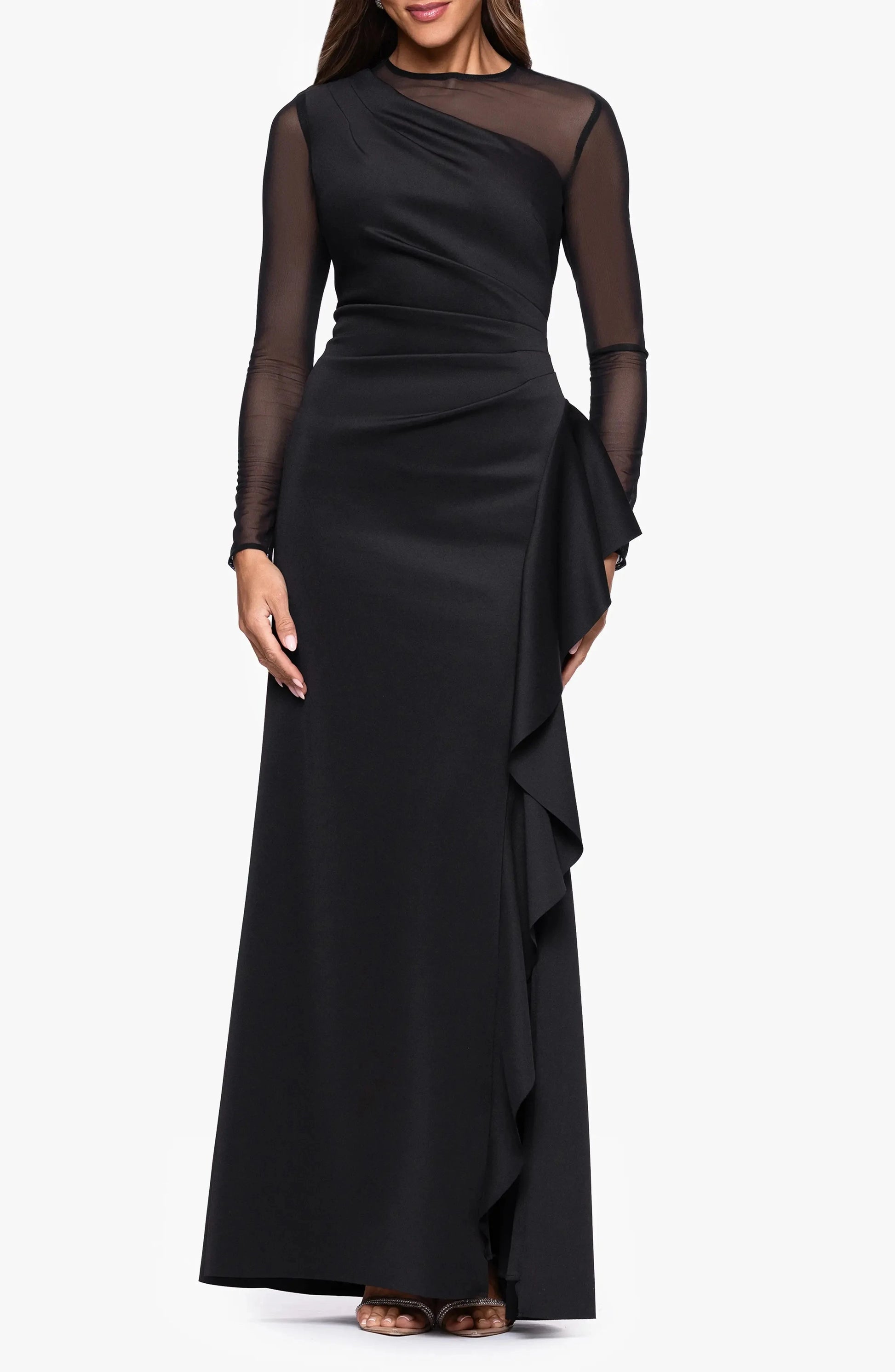 Modern Sheath One Shoulder Mesh Sleeve Ruffled Back Maxi For Sale Evening Dress by YiHuiw