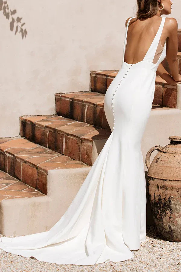 Mermaid Square Neck Crepe Sleeveless Floor-Length Wedding Dress - Yihuiw by Yihuiw
