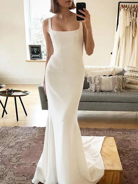 Mermaid Square Neck Crepe Button Back Train Wedding Dress - Yihuiw by Yihuiw