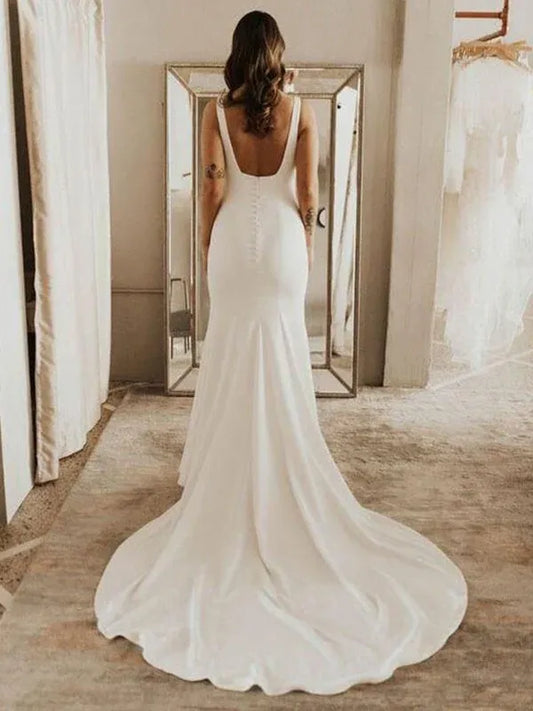 Mermaid Square Neck Crepe Button Back Train Wedding Dress - Yihuiw by Yihuiw