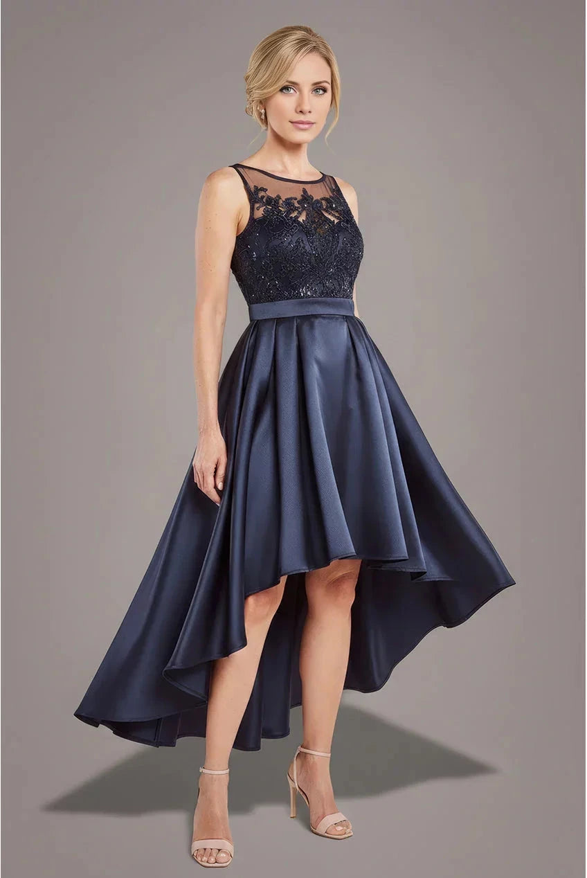 Modern A-Line Lace Illusion Neckline Sleeveless High-Low Satin Mother of the Bride Dress by YiHuiw
