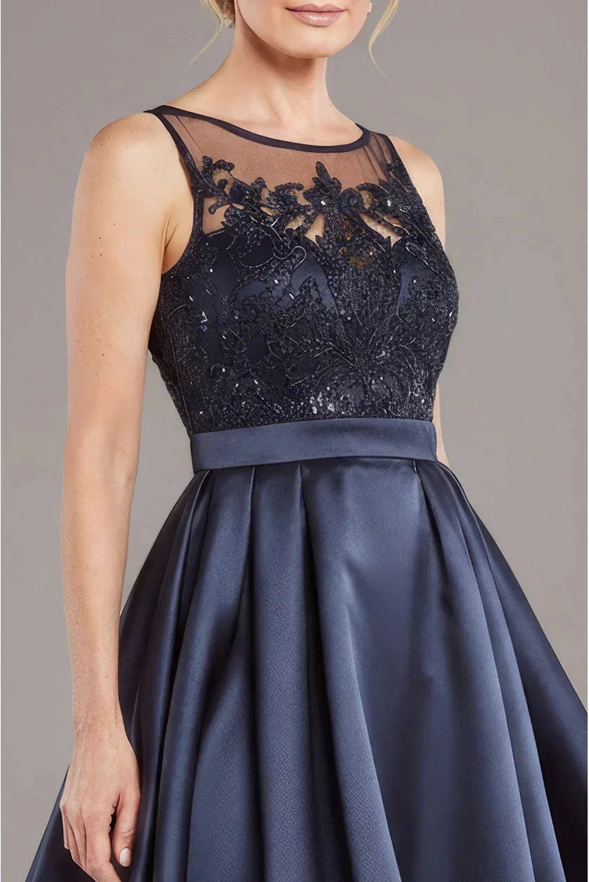 Modern A-Line Lace Illusion Neckline Sleeveless High-Low Satin Mother of the Bride Dress by YiHuiw