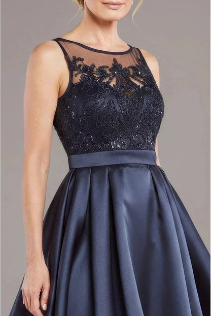 Modern A-Line Lace Illusion Neckline Sleeveless High-Low Satin Mother of the Bride Dress by YiHuiw