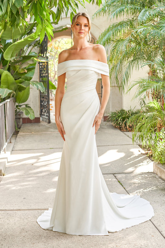 Modern Crepe Mermaid Off-the-Shoulder Cowl-Neck Ruched-Bodice Button-Detail Train Wedding Dress by YiHuiw