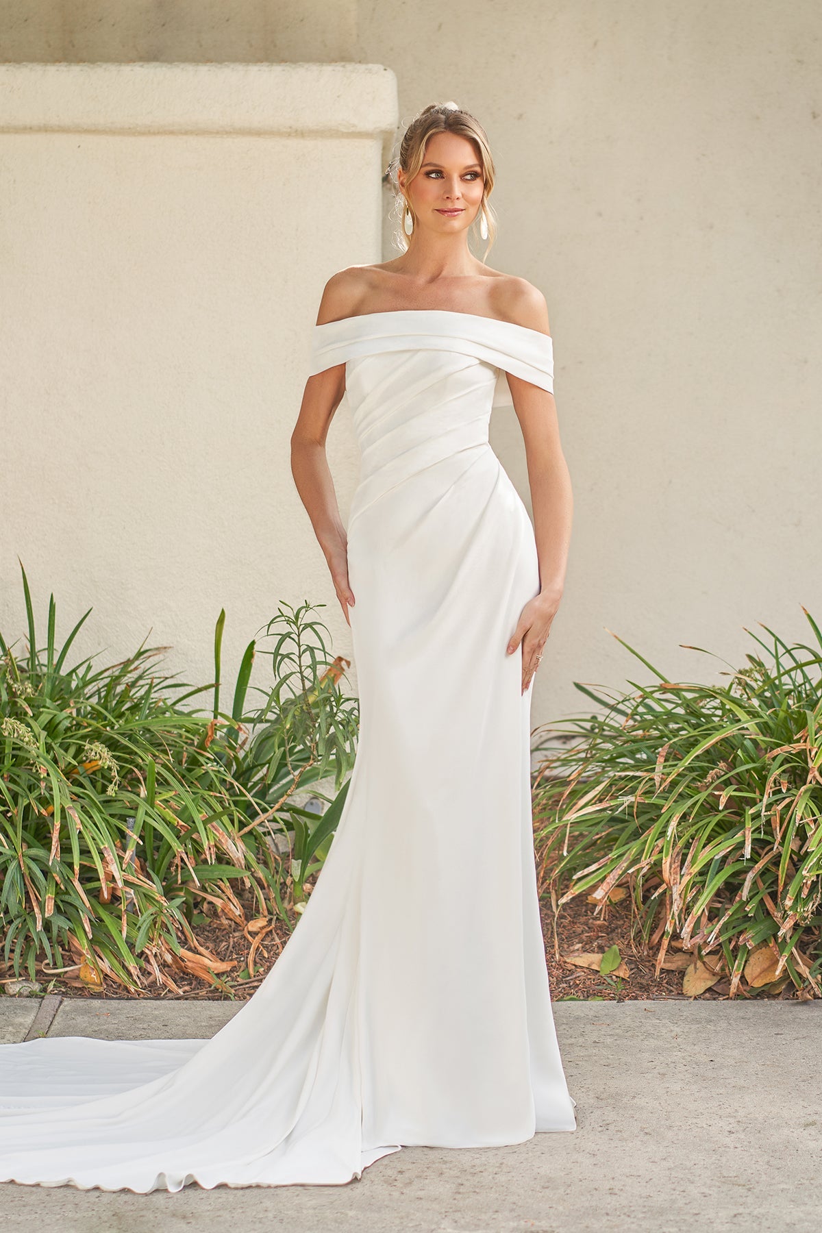 Modern Crepe Mermaid Off-the-Shoulder Cowl-Neck Ruched-Bodice Button-Detail Train Wedding Dress by YiHuiw