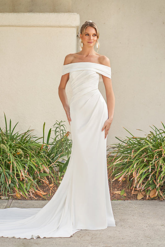 Modern Crepe Mermaid Off-the-Shoulder Cowl-Neck Ruched-Bodice Button-Detail Train Wedding Dress by YiHuiw