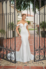 Modern Crepe Mermaid Off-the-Shoulder Sweetheart Low-Back Button-Detail Train Wedding Dress