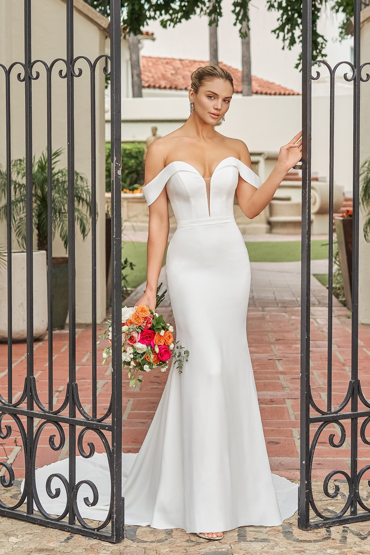 Modern Crepe Mermaid Off-the-Shoulder Sweetheart Low-Back Button-Detail Train Wedding Dress