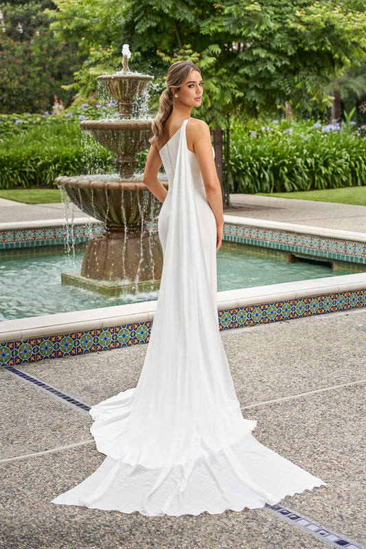 Modern Crepe Mermaid One-Shoulder Twist-Front High-Slit Drape-Train Wedding Dress