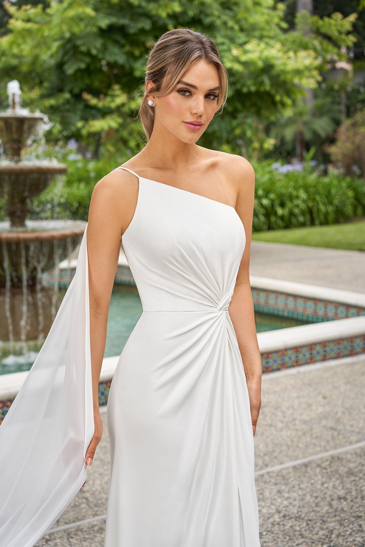 Modern Crepe Mermaid One-Shoulder Twist-Front High-Slit Drape-Train Wedding Dress by YiHuiw