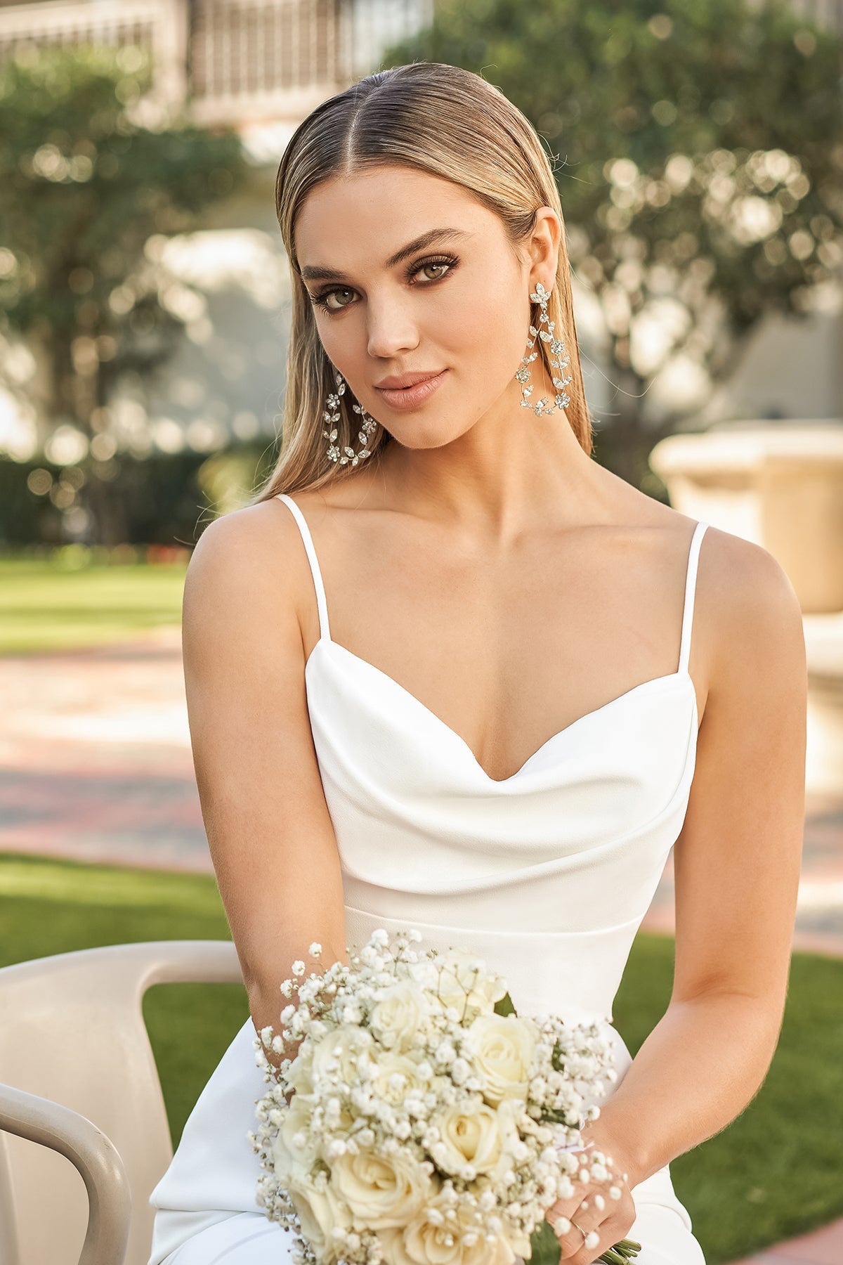 Modern Crepe Mermaid Spaghetti-Strap Cowl-Neck Low-Back Button-Detail Train Wedding Dress by YiHuiw
