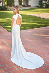 Modern Crepe Mermaid V-Neck Cap-Sleeve Twist-Front High-Slit Cutout-Back Train Wedding Dress