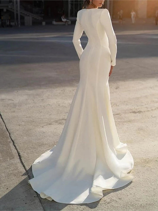 Modern Glam Ivory Deep V-Neck Crystal Embellished Long Sleeve Mermaid Floor-Length Wedding Dress with Chapel Train