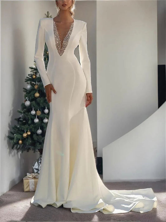 Modern Glam Ivory Deep V-Neck Crystal Embellished Long Sleeve Mermaid Floor-Length Wedding Dress with Chapel Train