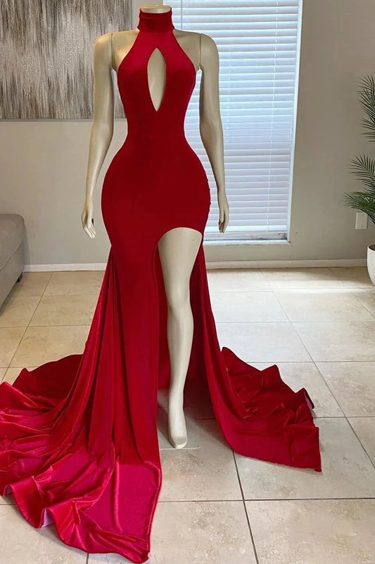 Modern High Neck Red Leg Split Mermaid Prom Dress Long simple gentle atmospheric and unique desi Bring summer colors to enhance whiteness by YiHuiw