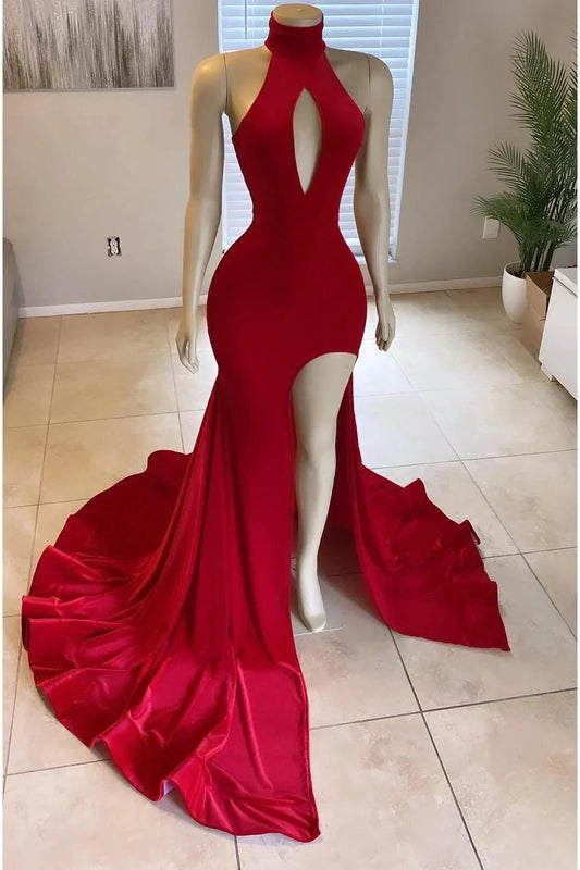 Modern High Neck Red Leg Split Mermaid Prom Dress Long simple gentle atmospheric and unique desi Bring summer colors to enhance whiteness by YiHuiw