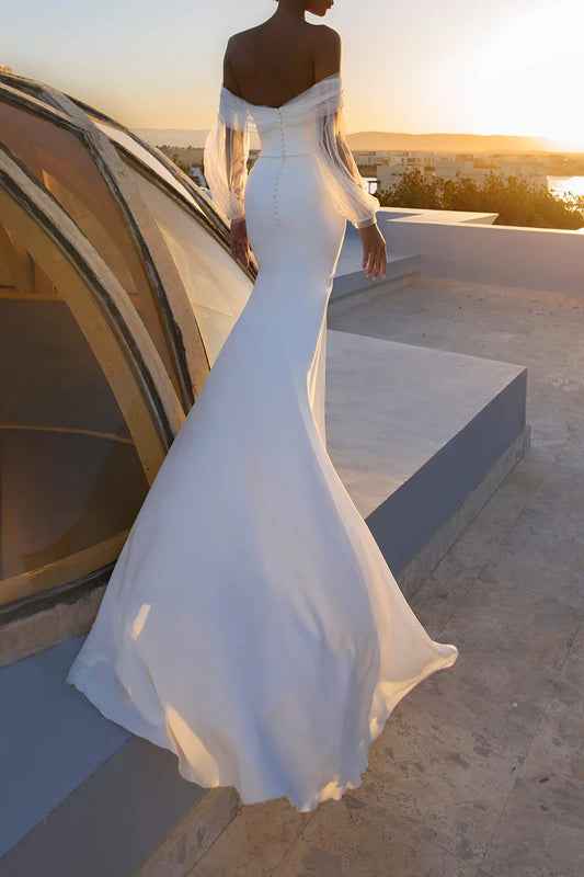Modern Off-the-Shoulder Mermaid Wedding Dress with Sheer Tulle Sleeves & Cathedral Train