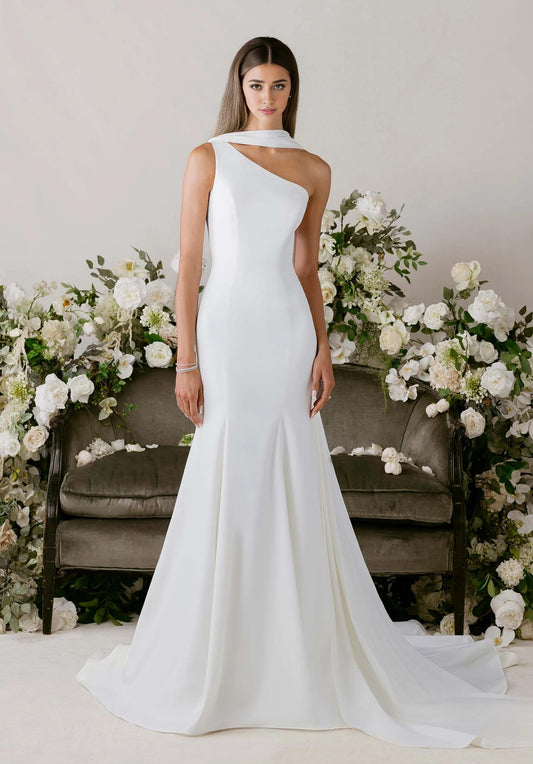 Mermaid One-Shoulder Crepe Draped Wedding Dress - Yihuiw by Yihuiw