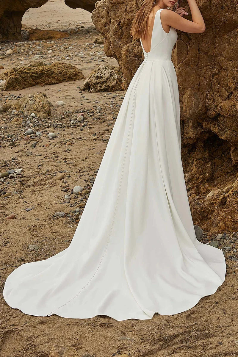 Modern Satin A-Line Deep-V Sleeveless Low-Back Button-Detail Train Wedding Dress by YiHuiw