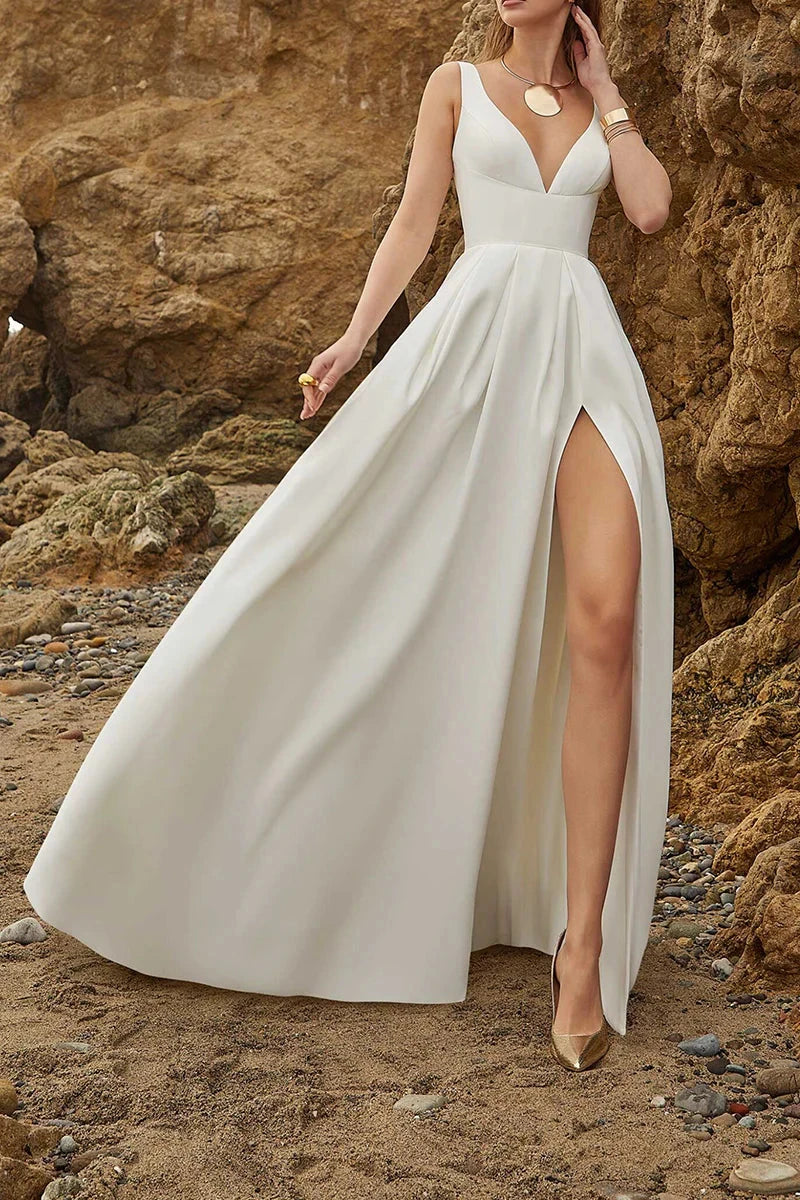 Modern Satin A-Line Deep-V Sleeveless Low-Back Button-Detail Train Wedding Dress by YiHuiw