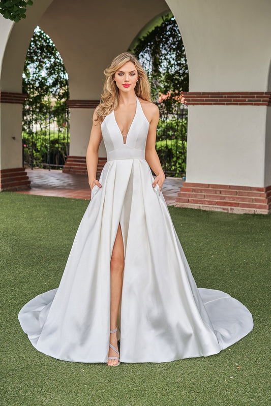 Modern Satin A-Line Halter V-Neck High-Slit Low-Back Train Wedding Dress