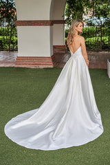 Modern Satin A-Line Halter V-Neck High-Slit Low-Back Train Wedding Dress