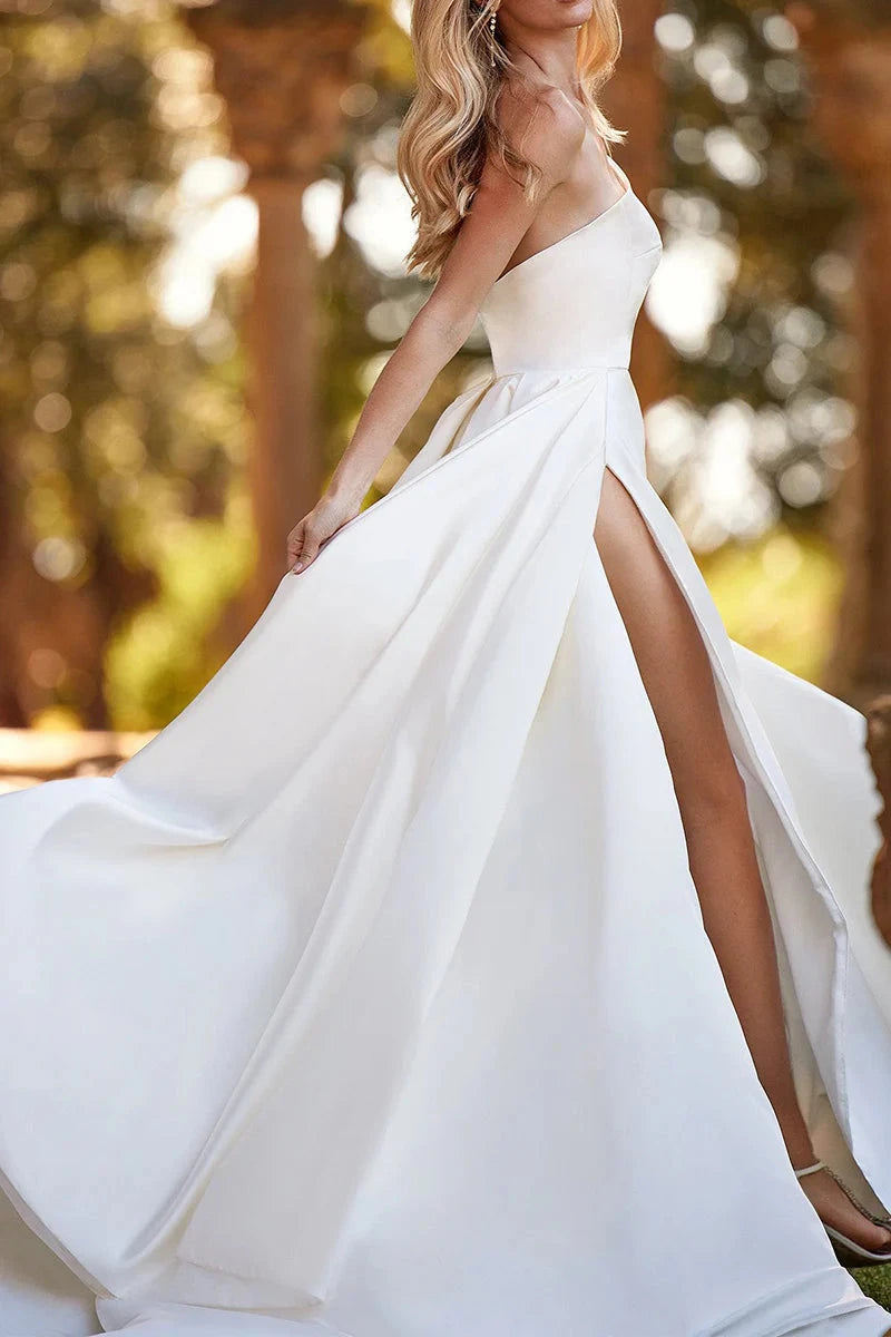 Modern Satin A-Line One-Shoulder High-Slit Cathedral-Train Wedding Dress by YiHuiw