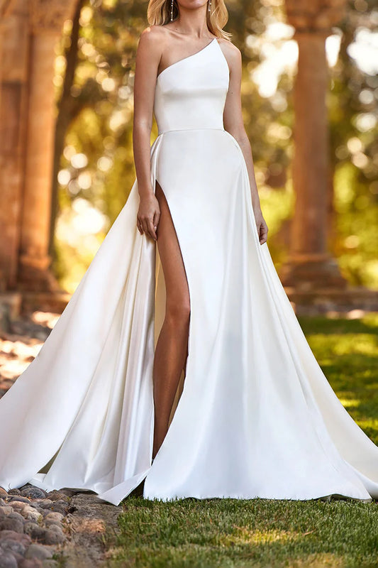 Modern Satin A-Line One-Shoulder High-Slit Cathedral-Train Wedding Dress